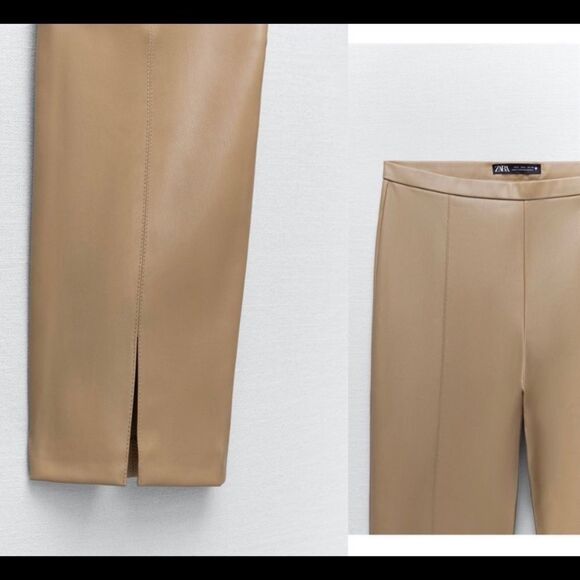 Zara Taupe brown vegan faux leather leggings zipper slit hem Sz L - Picture 3 of 15